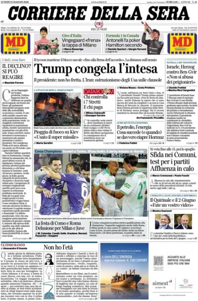2 minuti faLe prime pagine di oggiLa trattativa fra Iran e Stati Uniti, le elezioni amministrative, gli scontri fra tifosi di Juventus e Torino, e il bombardamento russo su Kiev