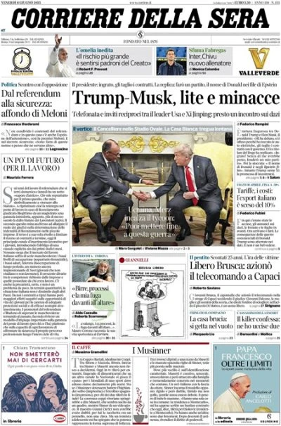Le prime pagine di oggiLa lite fra Trump e Musk, i referendum, la scarcerazione di Brusca, e la riduzione dei tassi di interesse
