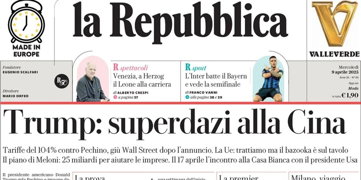 Le prime pagine di oggiI nuovi dazi alla Cina, il recupero delle borse, l’incontro di Meloni e Trump, il biologo italiano ucciso in Colombia, e la visita a Roma di re Carlo III