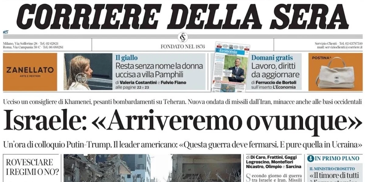 Le prime pagine di oggiSugli attacchi reciproci tra Israele e Iran, e l’omicidio di una deputata locale Democratica negli Stati Uniti