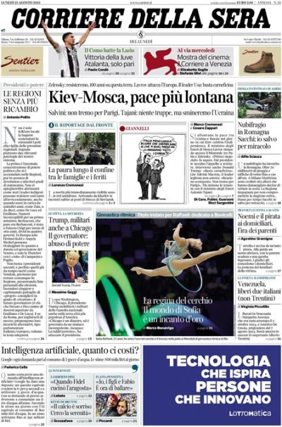 pochi secondi faLe prime pagine di oggiLe trattative per una tregua fra Russia e Ucraina, le piogge in Romagna, e i risultati della prima giornata di Serie A