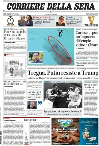 Le prime pagine di oggiLe indagini sull'omicidio di Chiara Poggi, la telefonata fra Meloni e il papa sulla guerra in Ucraina, e la morte di Nino Benvenuti
