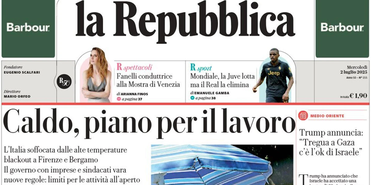 Le prime pagine di oggiGli effetti del caldo in Italia, la telefonata fra Macron e Putin, le richieste dell'accusa nel processo a Ciro Grillo, e la lite fra Trump e Musk