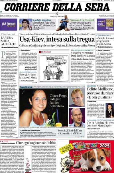 Le prime pagine di oggiLa proposta di tregua di Stati Uniti e Ucraina, i dazi fra Stati Uniti e Canada, e il nuovo indagato per l'omicidio di Chiara Poggi