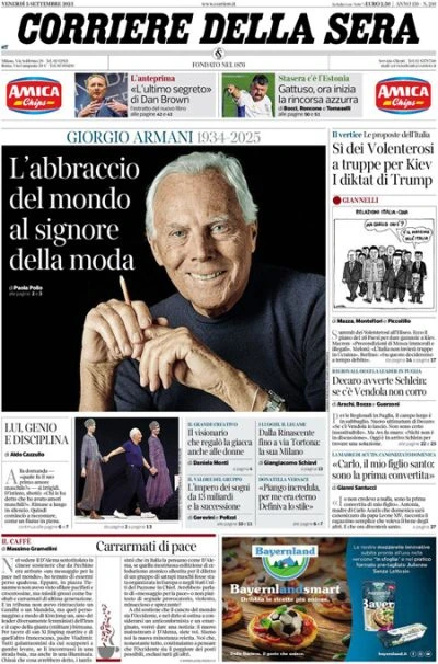 1 minuto faLe prime pagine di oggiLa morte di Armani, la riunione a Parigi a sostegno dell'Ucraina, e l'incontro fra il papa e il presidente israeliano