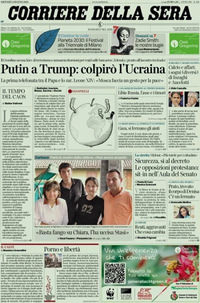 Le prime pagine di oggiLe telefonate di Putin al Papa e a Trump, l'approvazione definitiva del decreto 