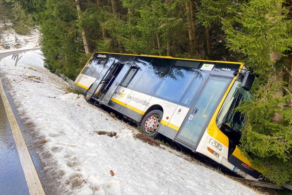 Linienbus landet in Graben: Verletzte Fahrerin im Krankenhaus