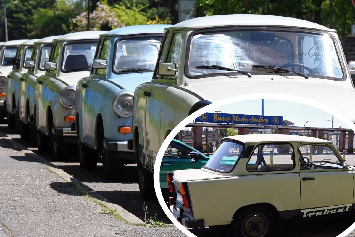 DDR-Autos, so weit das Auge reicht: Trabi-Karawane an Leipziger Stadion