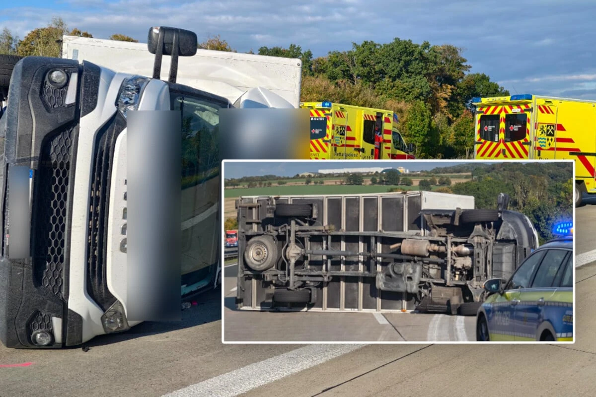 Unfall auf A4 in Sachsen: Umgekippter Transporter legt Autobahn lahm
