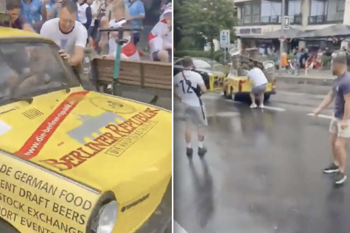 Schnapsidee geht nach hinten los: England-Fans schieben Trabi auf die Straße