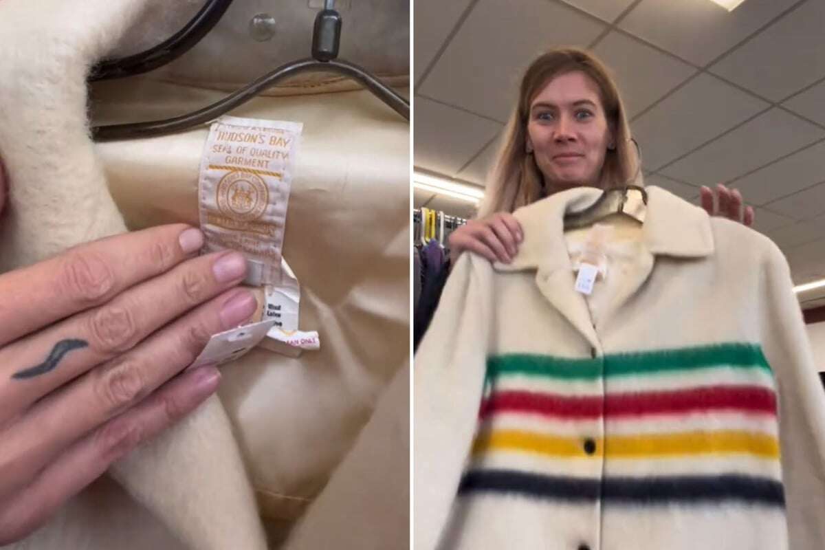 Frau kann ihr Glück nicht fassen, als sie Jacke in Secondhand-Shop genauer ansieht