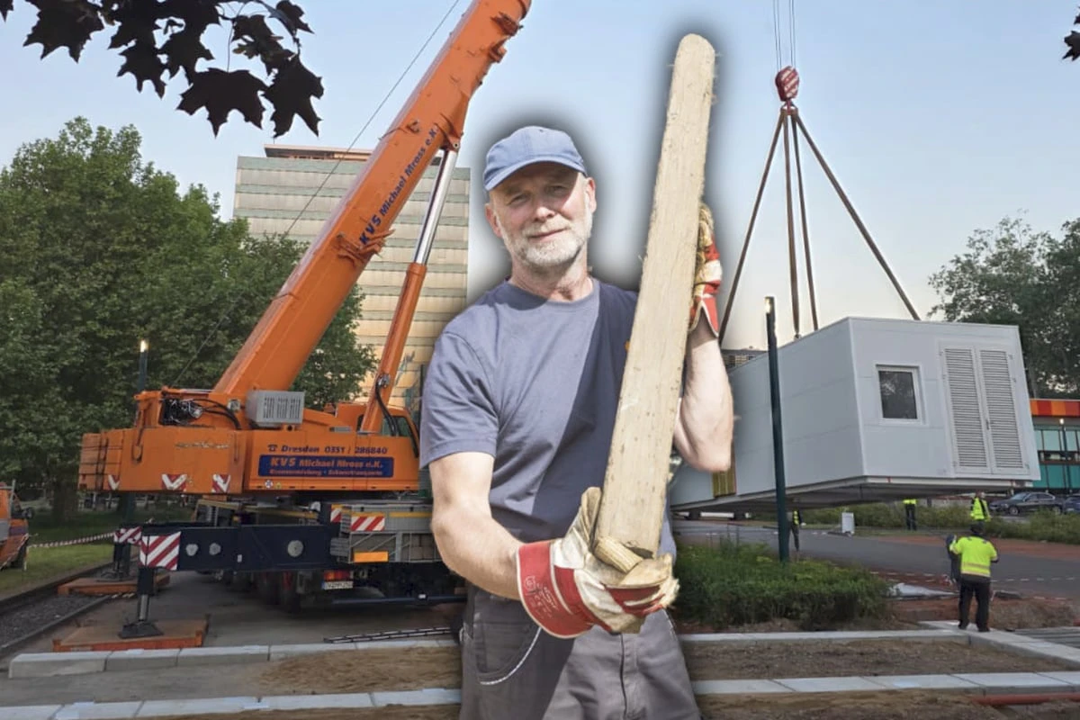 Erster Container für neues MRT-Zentrum in Dresden hängt am Haken