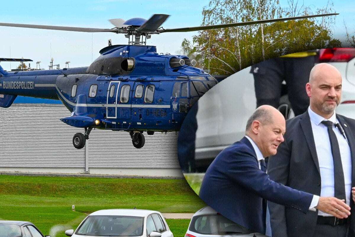 Olaf Scholz in Leipzig gelandet: Vom Heli in den Panzer-Mercedes