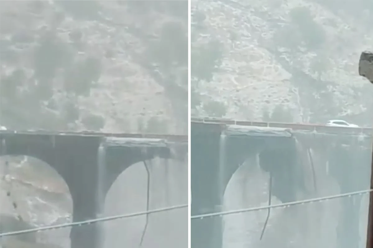 Während Autos darüberfahren: Brücke zerbröckelt unter heftigem Regenguss