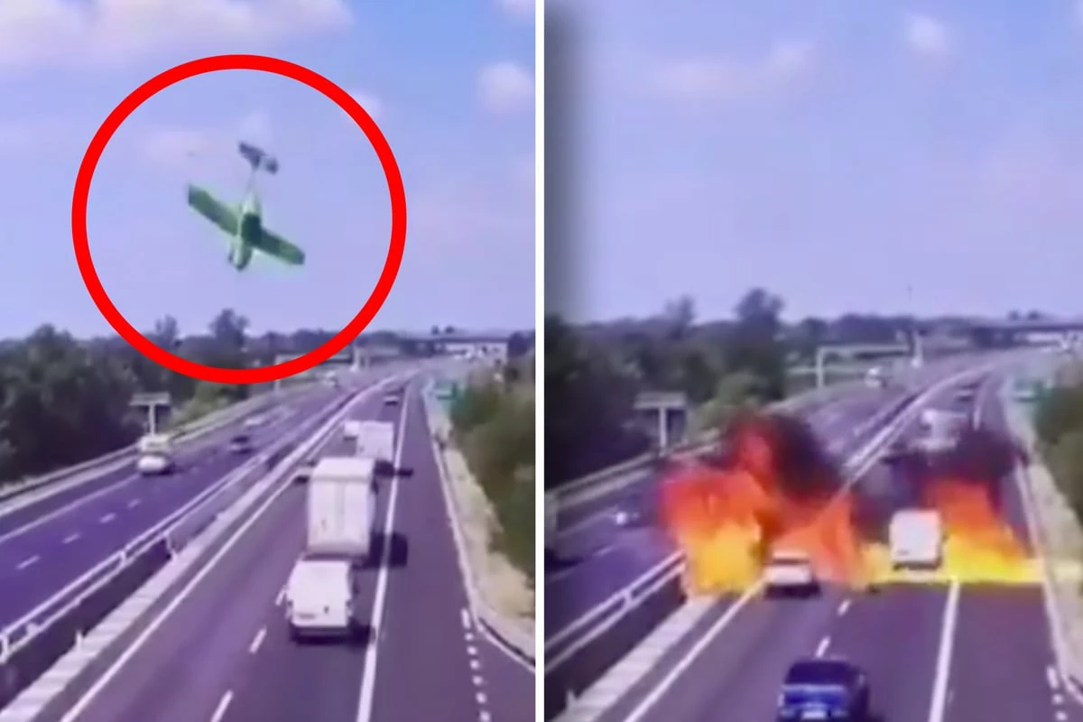 Riesiger Feuerball: Flugzeug stürzt auf Autobahn!