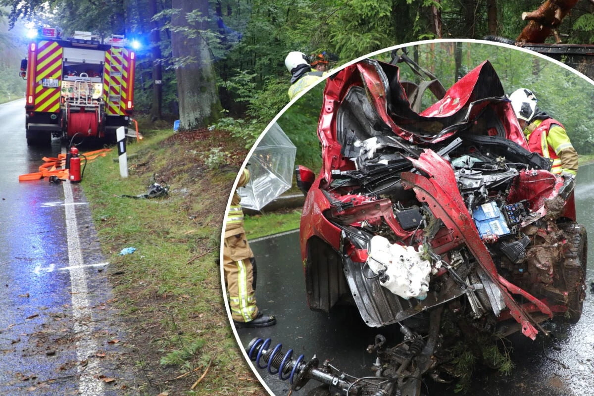 Schwerer Unfall in Dresdner Heide: Auto nach Kollision mit Bäumen zerfetzt