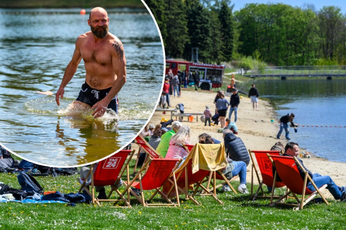 Ganz schön tapfer: Erste Badefans trauen sich in den Stausee Rabenstein