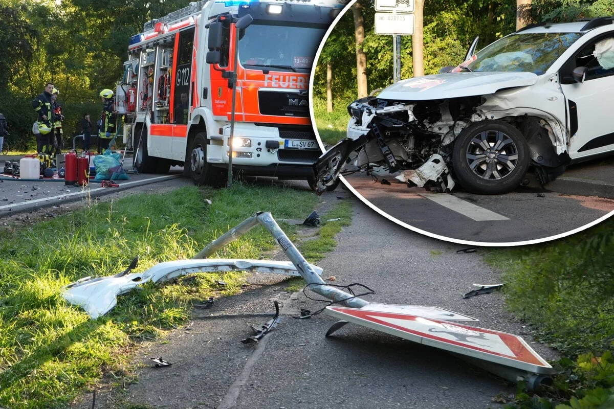 Auto schleudert auf Gehweg! Drei teils schwer Verletzten nach folgenschweren Crash in Leipzig