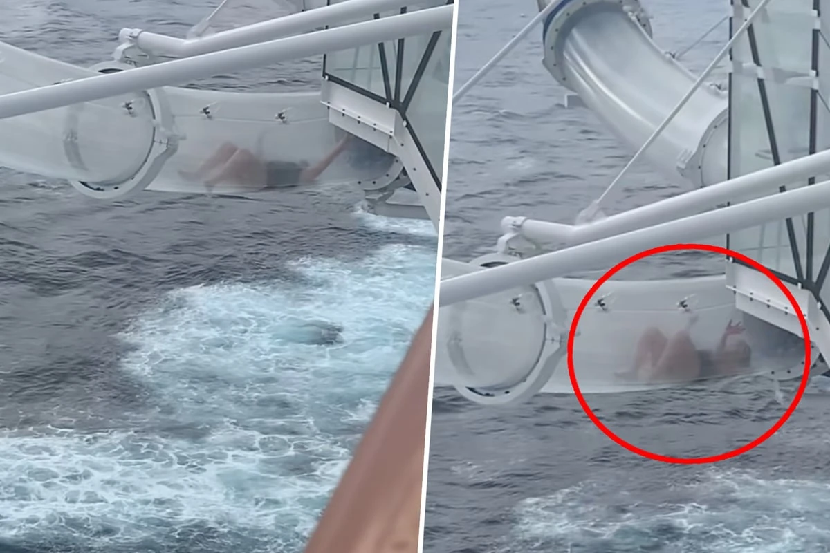 Touristin steckt auf Rutsche von Kreuzfahrtschiff fest - über dem offenen Meer!