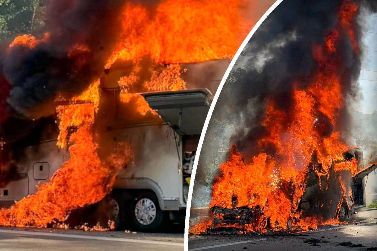 Flammeninferno auf der A8: Wohnmobil brennt komplett aus