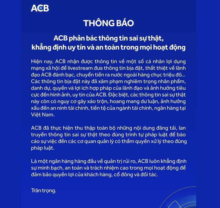 ACB phản bác thông tin ‘lãnh đạo ngân hàng đánh bạc hàng chục triệu USD’