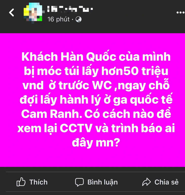 Thực hư thông tin du khách Hàn Quốc bị móc túi xách mất 50 triệu ở sân bay Cam Ranh