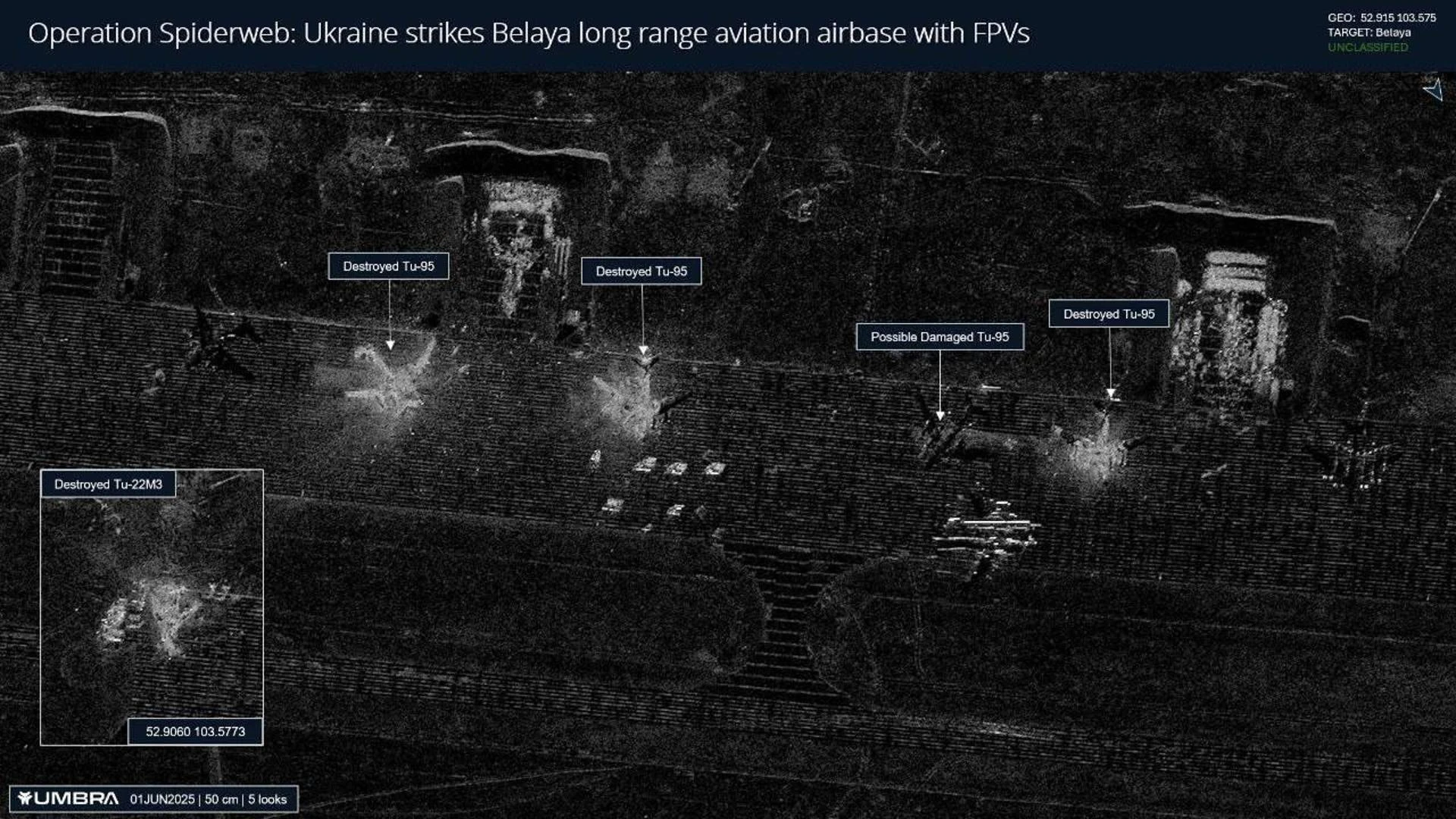 Tredici gli aerei russi distrutti, ecco le immagini satellitari: 8 Tu-95, 4Tu-22M3, 1 An-12