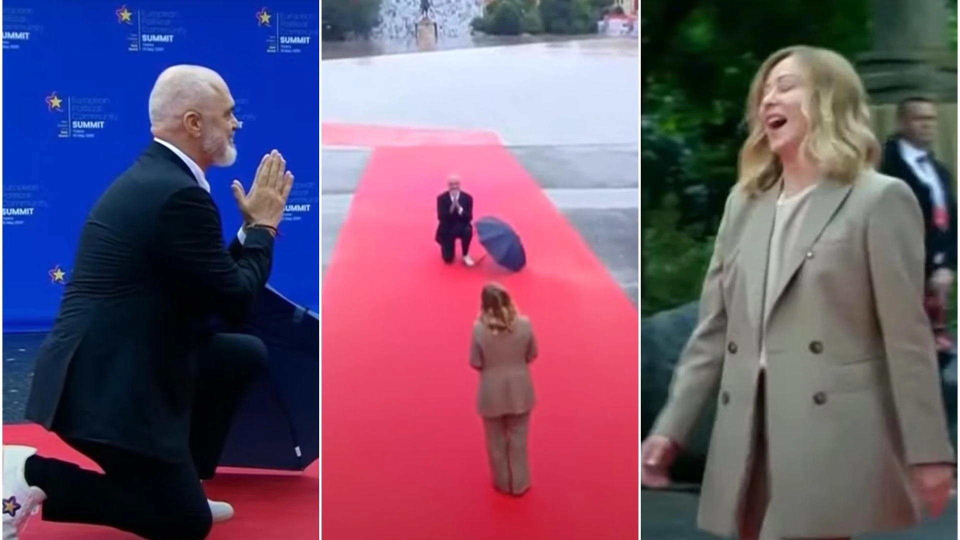 Edi Rama si inginocchia a mani congiunte davanti alla premier Meloni