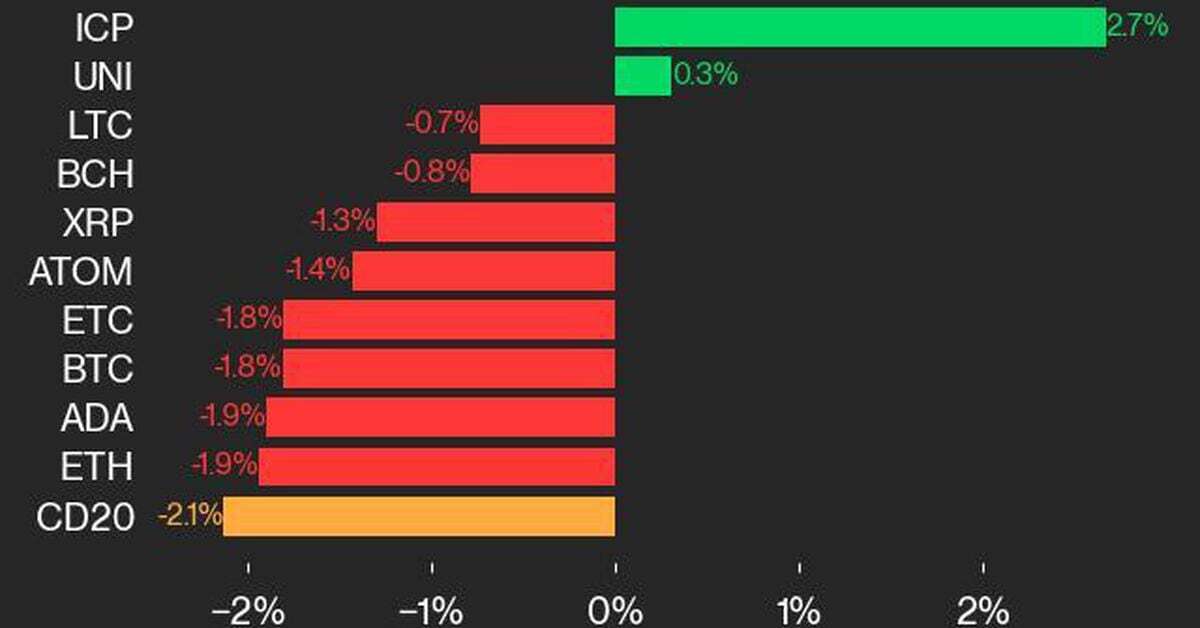 CoinDesk 20 Performance Update:  Index Falls 2.1% with Only Two Gainers