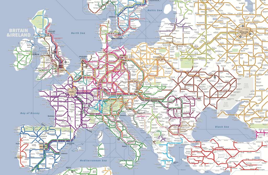 Este minucioso mapa muestra las principales líneas de ferrocarril del mundo como si fueran líneas de metro 