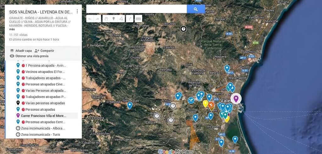 SOS VALÈNCIA: El mapa interactivo de Google Maps donde todo el mundo puede informar de las incidencias por la DANA en Valencia 