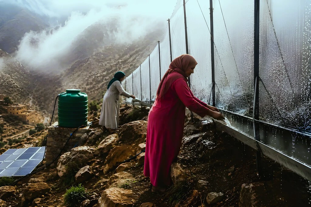 Mientras los pueblos se secan, las mujeres en Marruecos   
suben a las montañas para capturar niebla: la convierten en agua potable 