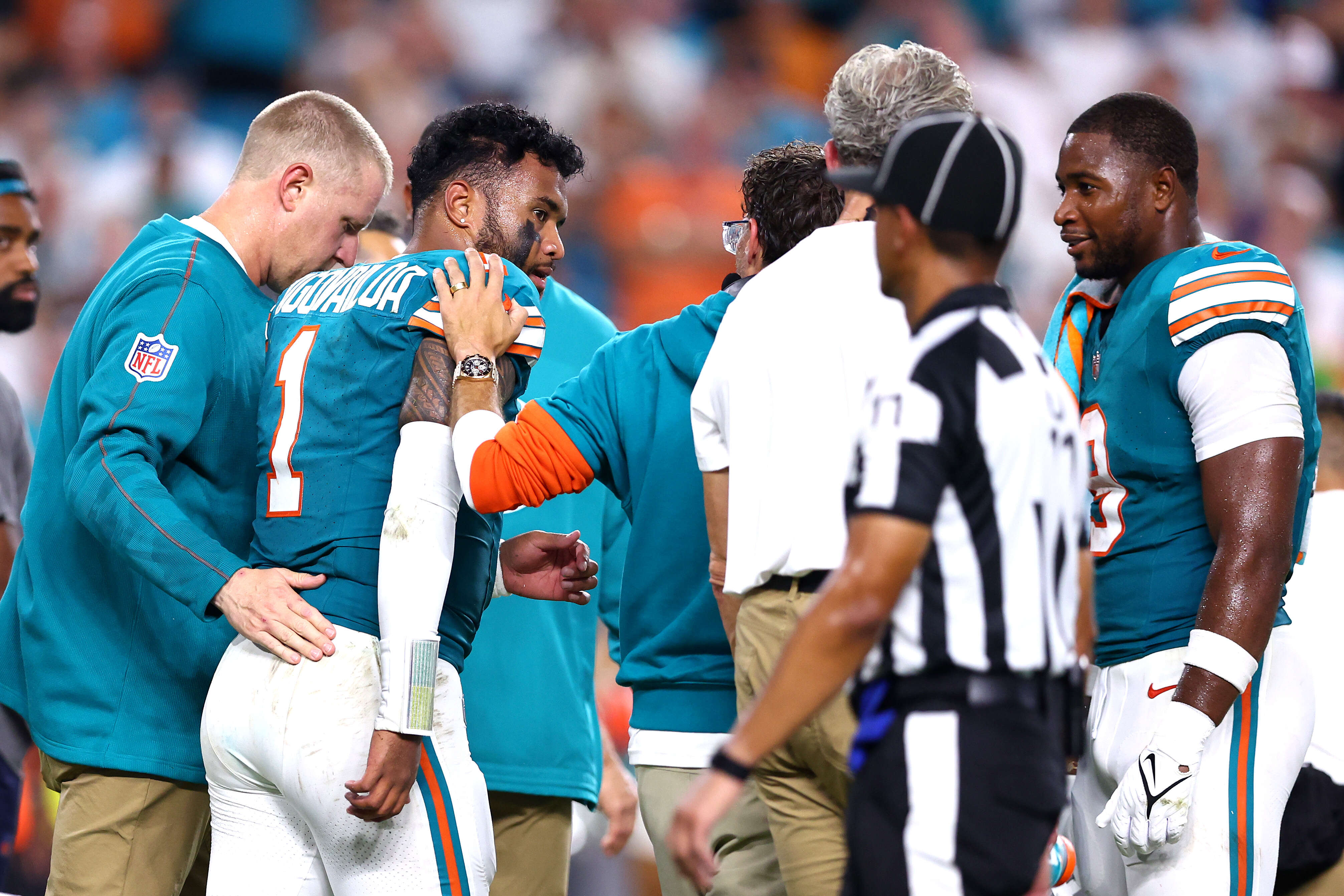 An emotional week for the Dolphins ends with Tua Tagovailoa concussed and his future unclear