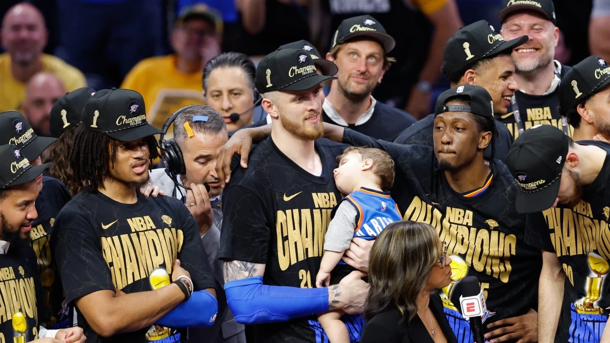 Watch: Thunder player's baby amusingly knocked out on NBA Finals podium