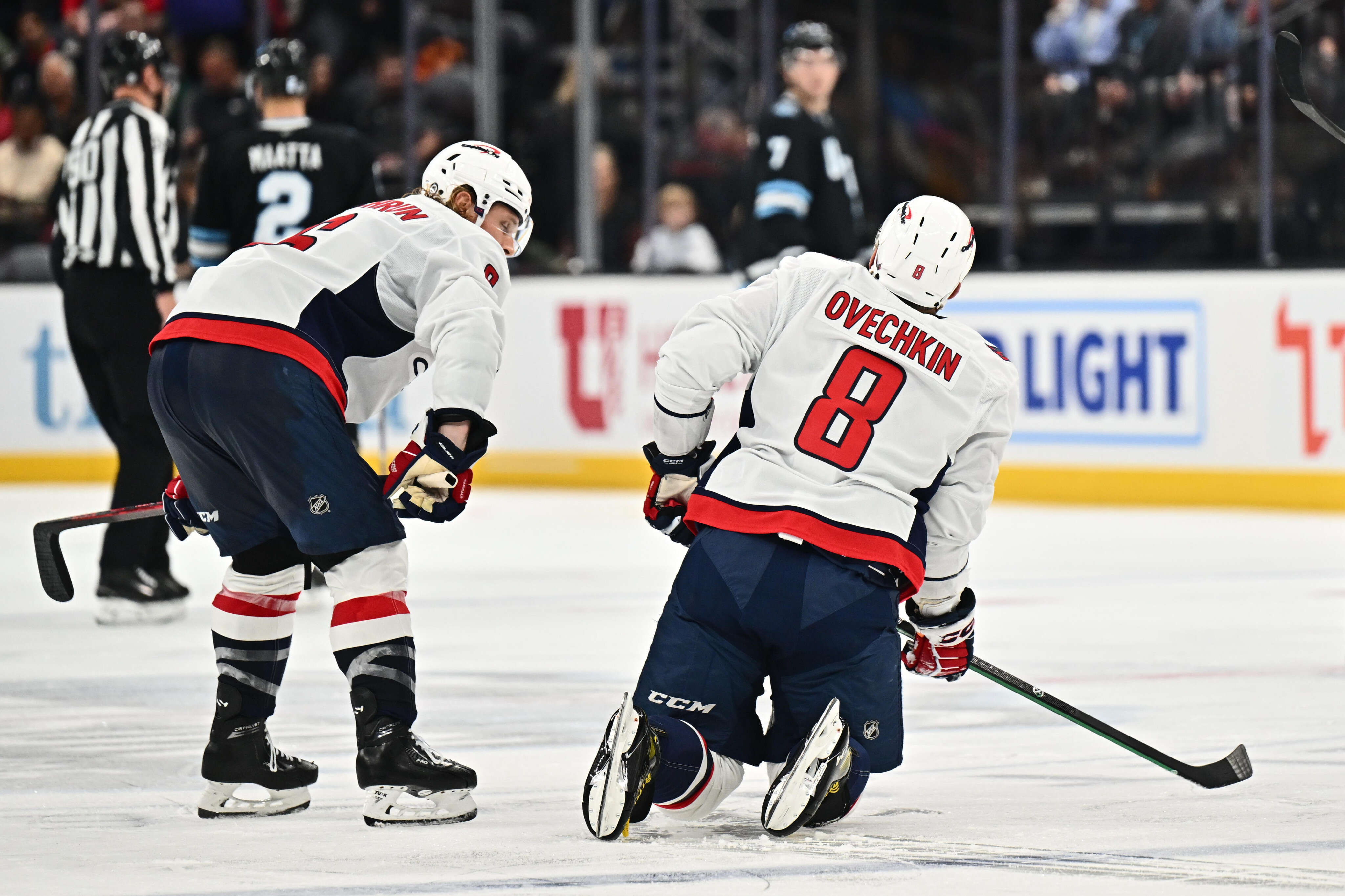 Alex Ovechkin skates before Capitals practice as he works to return from a broken leg