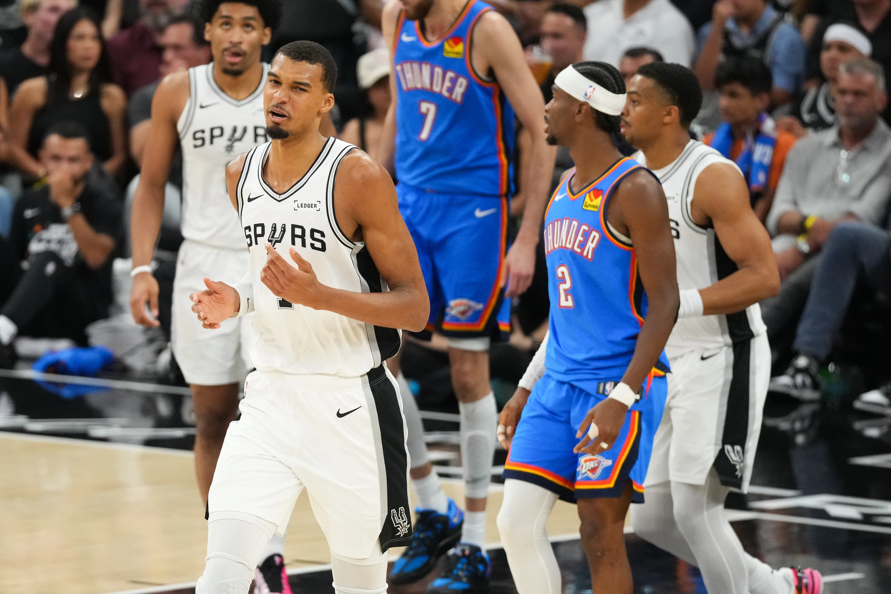 The trophy and the NBA Finals logos are back for games in New York and San Antonio