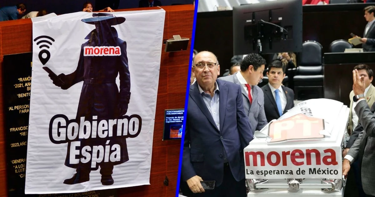 ¡El gobierno te espía! PRI y PAN protestan con lonas y ataúdes contra ley de Telecomunicaciones 
