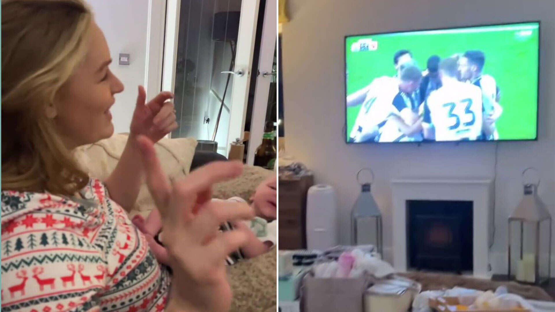 Laura Woods tells Adam Collard off as they watch Newcastle vs Arsenal with tot