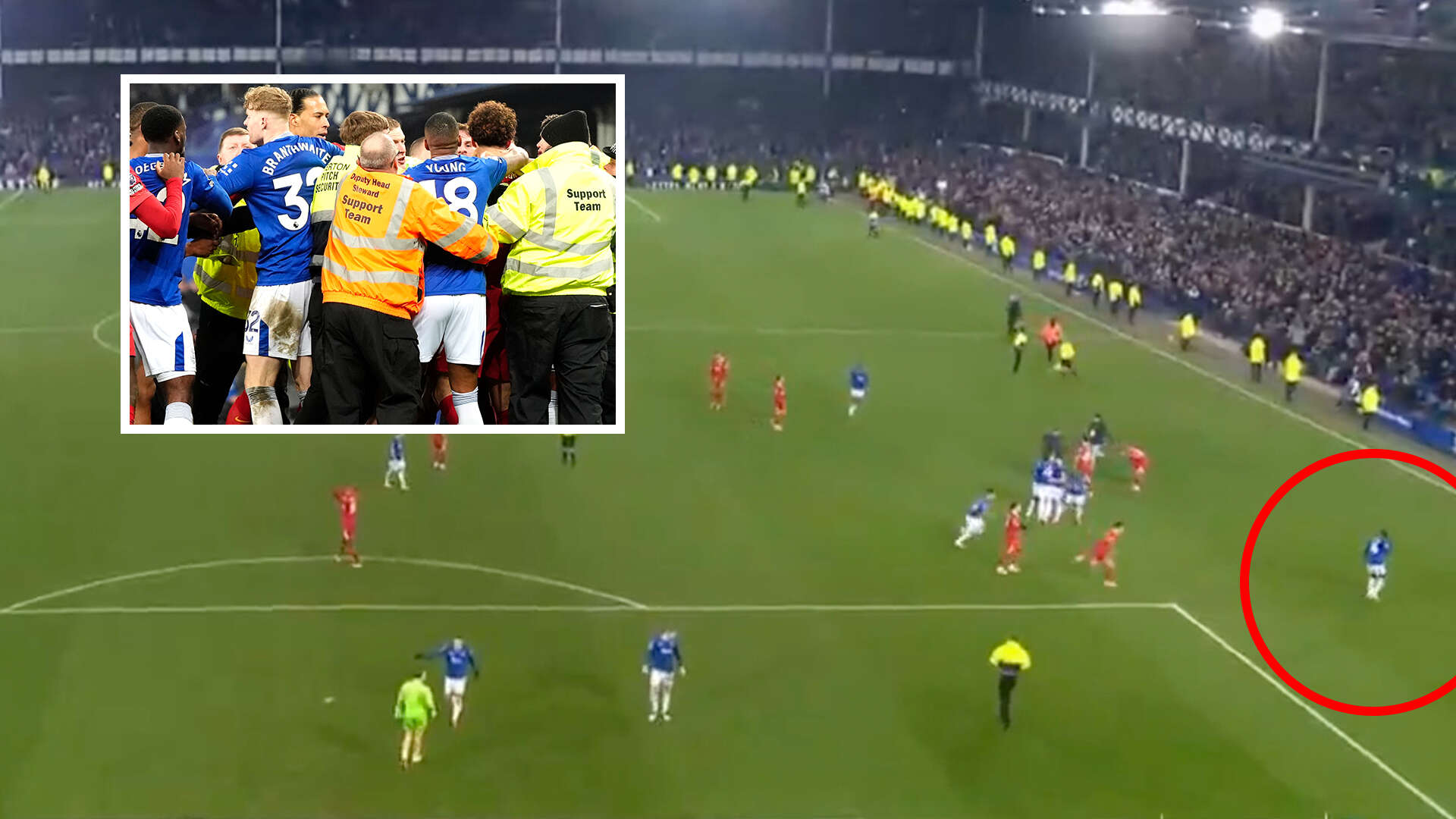 Watch moment Everton star sparks brawl by wildly goading Liverpool fans