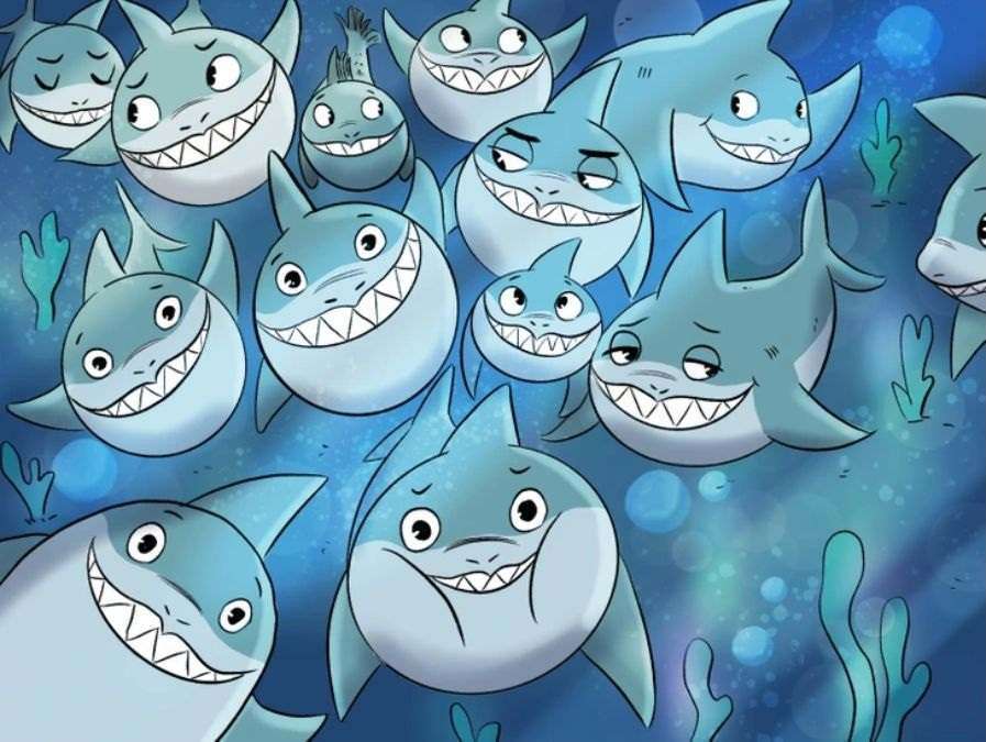 Everyone can see the grinning sharks but you need 20/20 vision to spot the fish