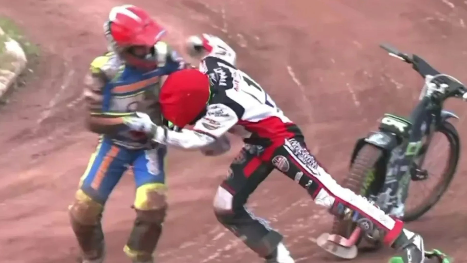 Watch as speedway rivals trade blows in huge on-track brawl