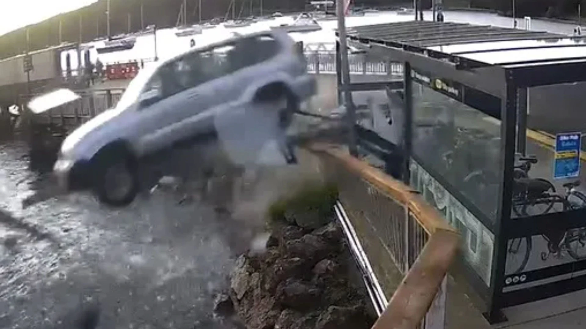 Terrifying moment drunk OAP drives off wharf into sea sparking frantic rescue