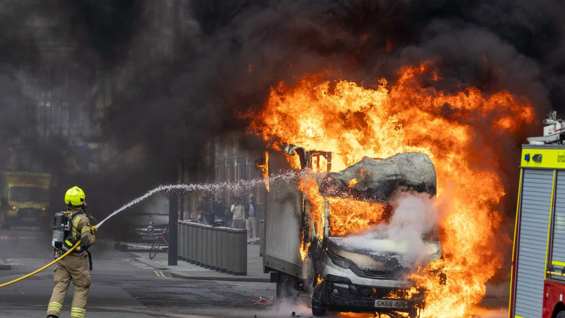 Blaze rips through van outside St Pancras station as passengers told AVOID area