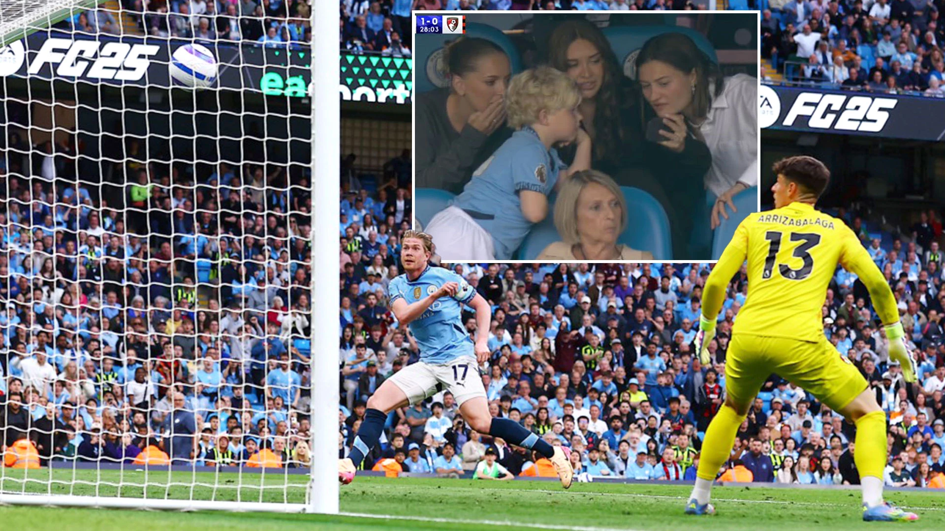 De Bruyne misses OPEN GOAL on Etihad goodbye as stunned family watch it back