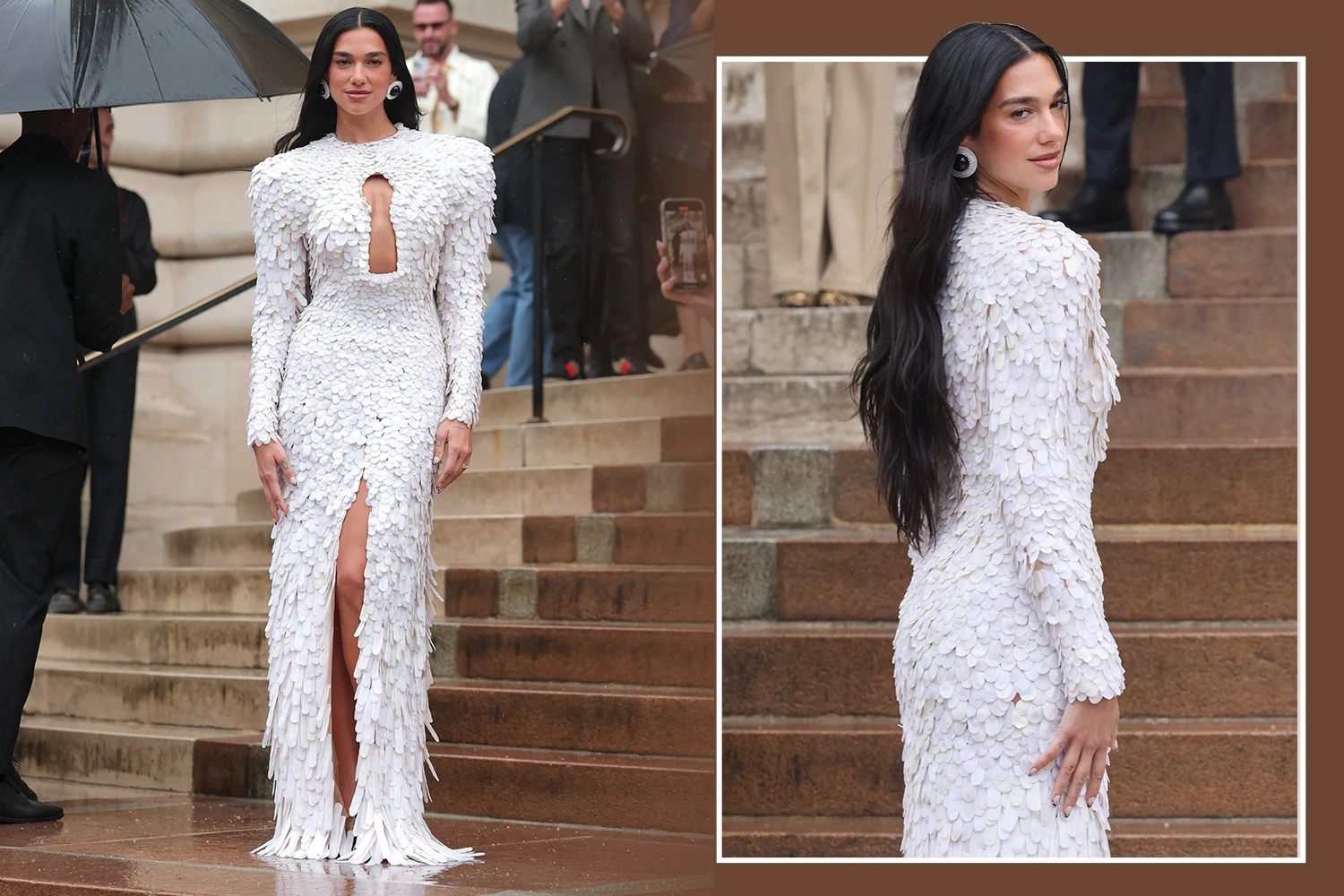 Dua Lipa shows off figure in feathered gown with revealing cutout