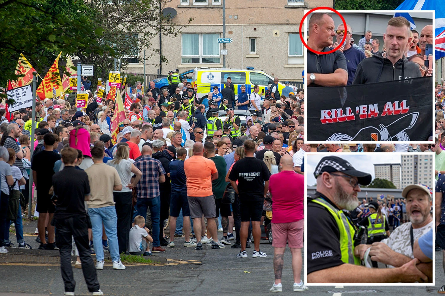 Scots prison officer spotted next to sick banner at migrant hotel protest