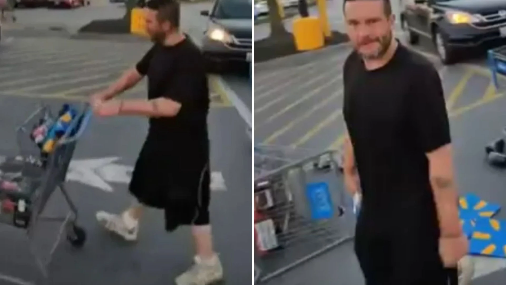 Moment hero vigilante rams shoplifter's shopping cart in busy car park
