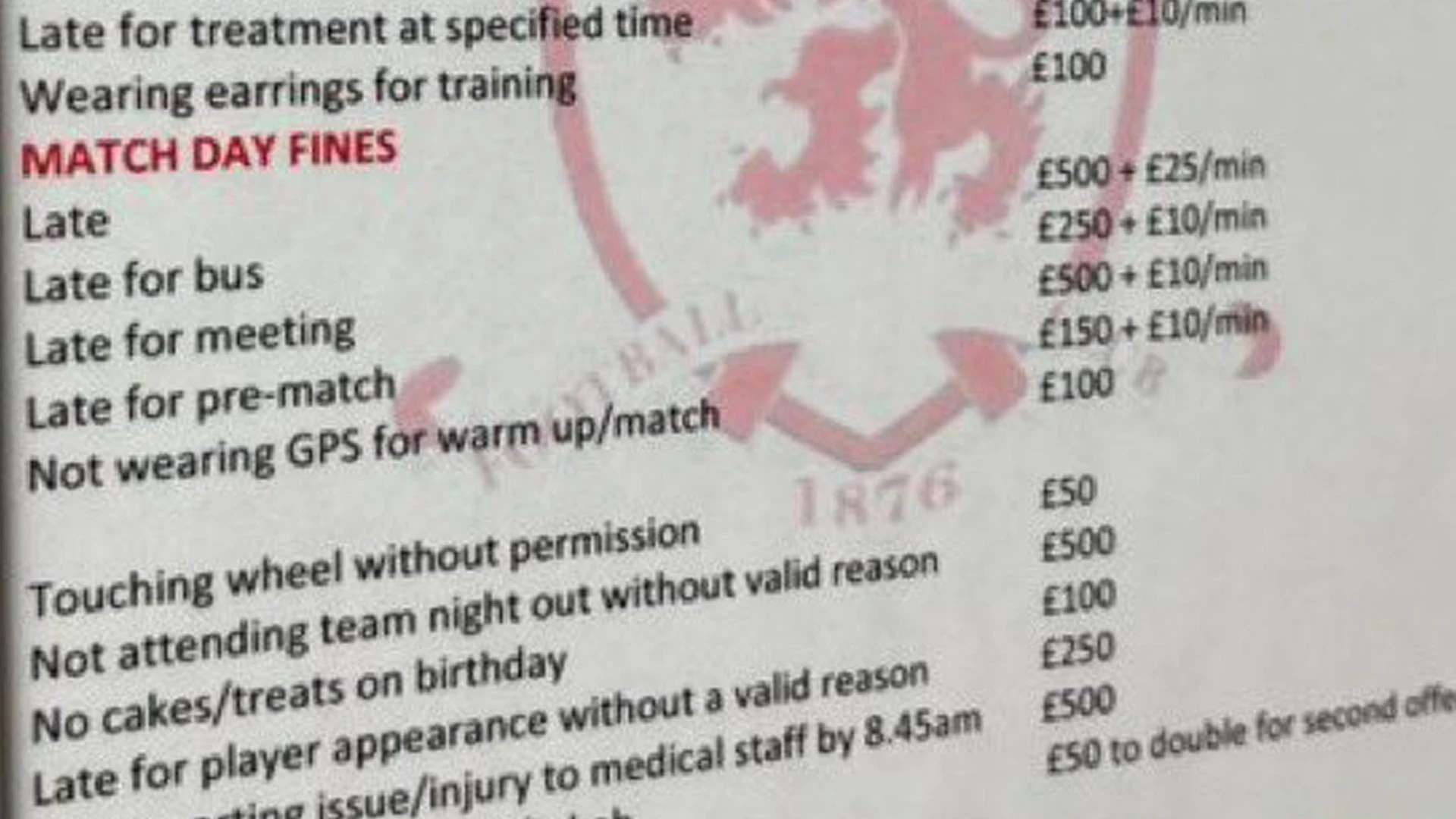 Crazy Boro fines leaked with £50 for peeing in shower and more for forgetting cake