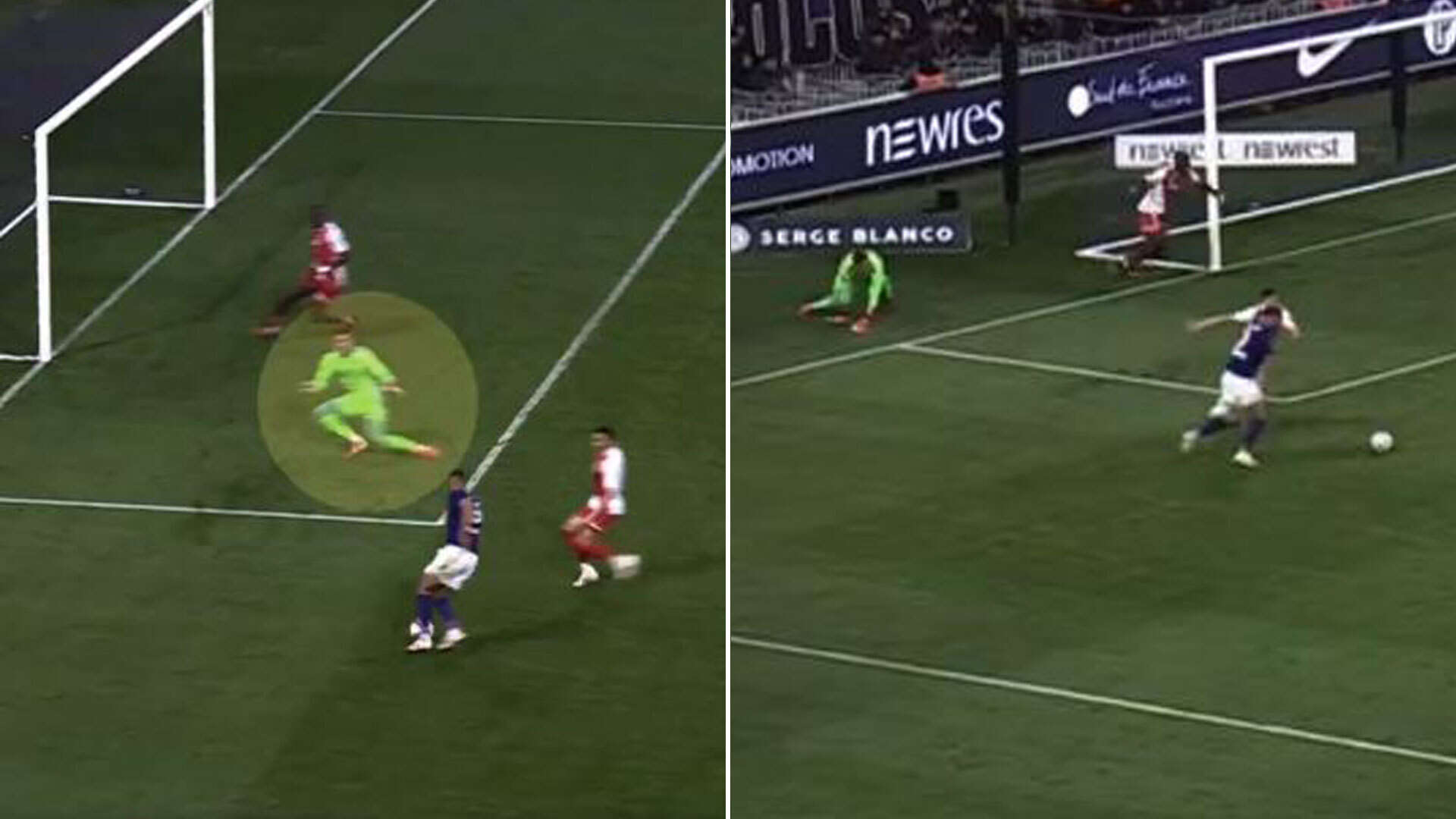 Bizarre moment keeper KNEE SLIDES whole way off pitch to leave an open goal