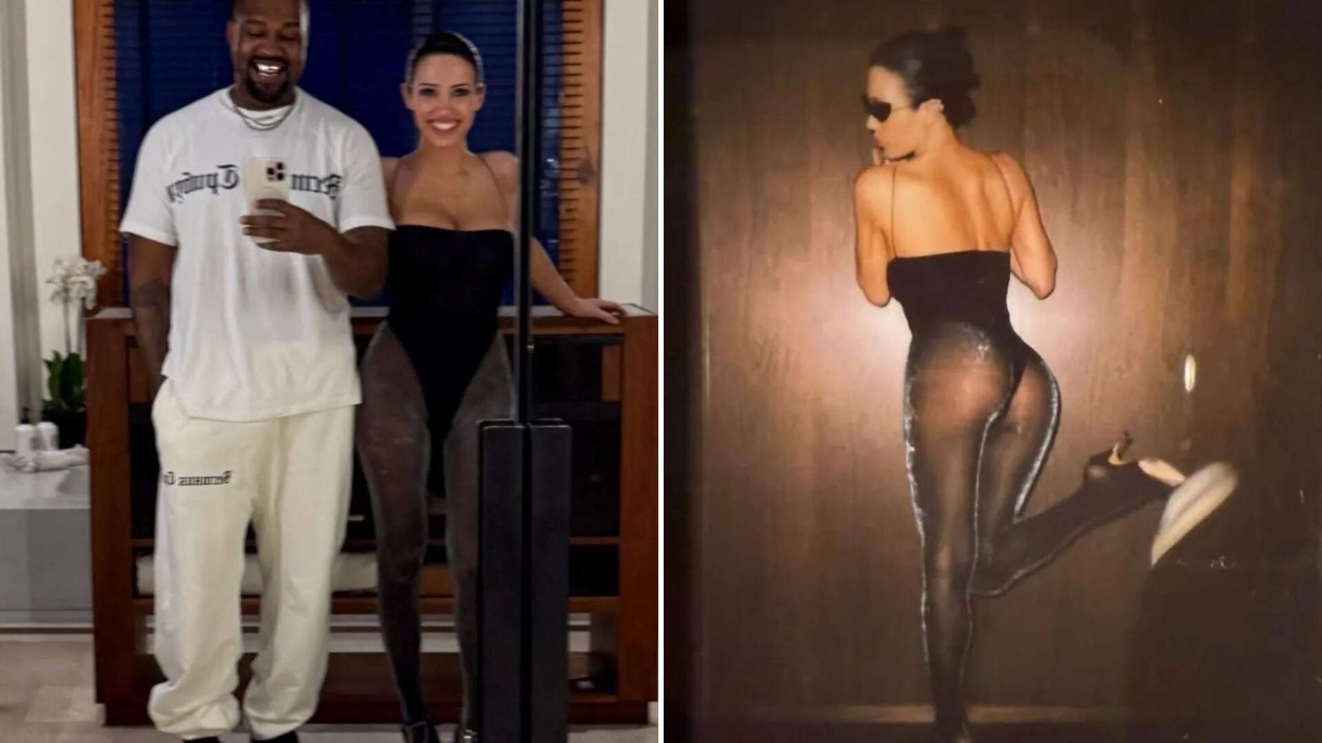 Bianca Censori flashes bum in tights as she smiles next to husband Kanye